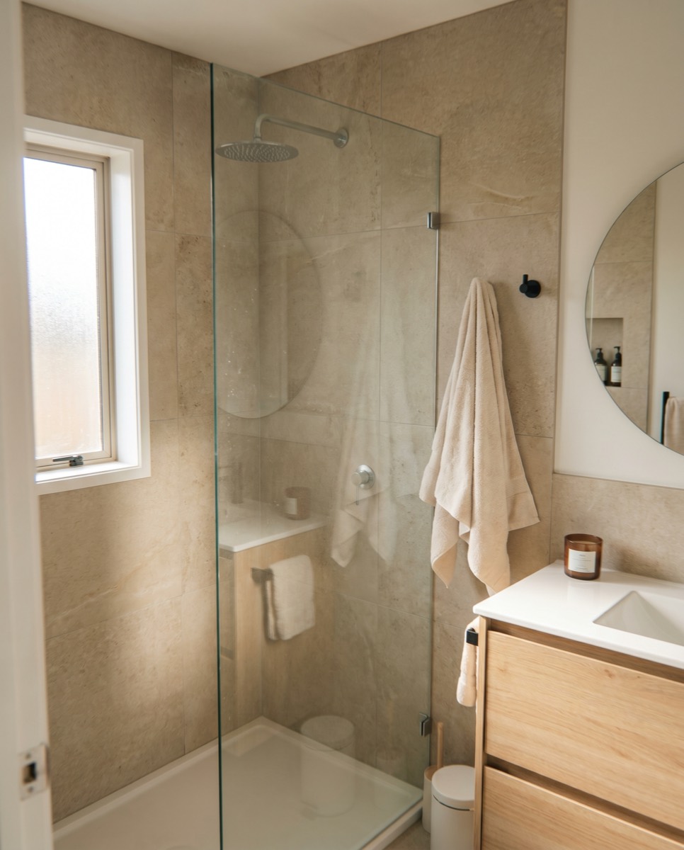 A renovated bathroom with a glass walk-in shower and a wooden vanity